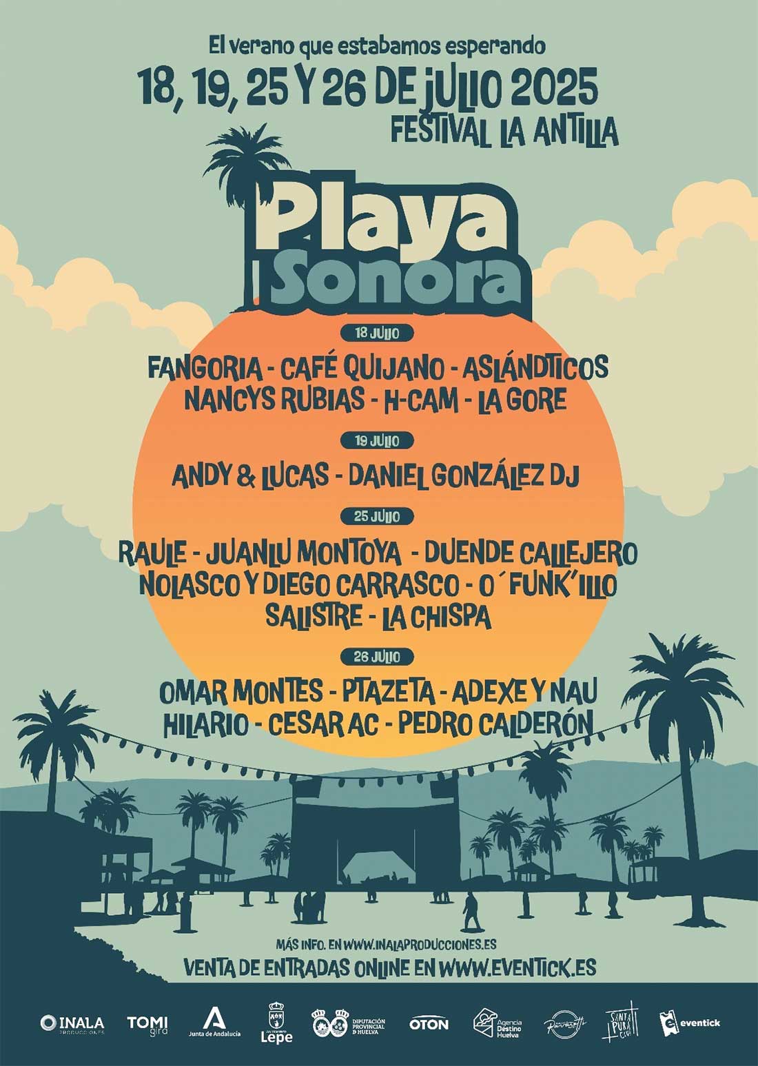 cartel Playa Sonora Festival 2025 La Antilla 18 19 25 26 de julio Fangoria Raule Omar Montes Ptazeta